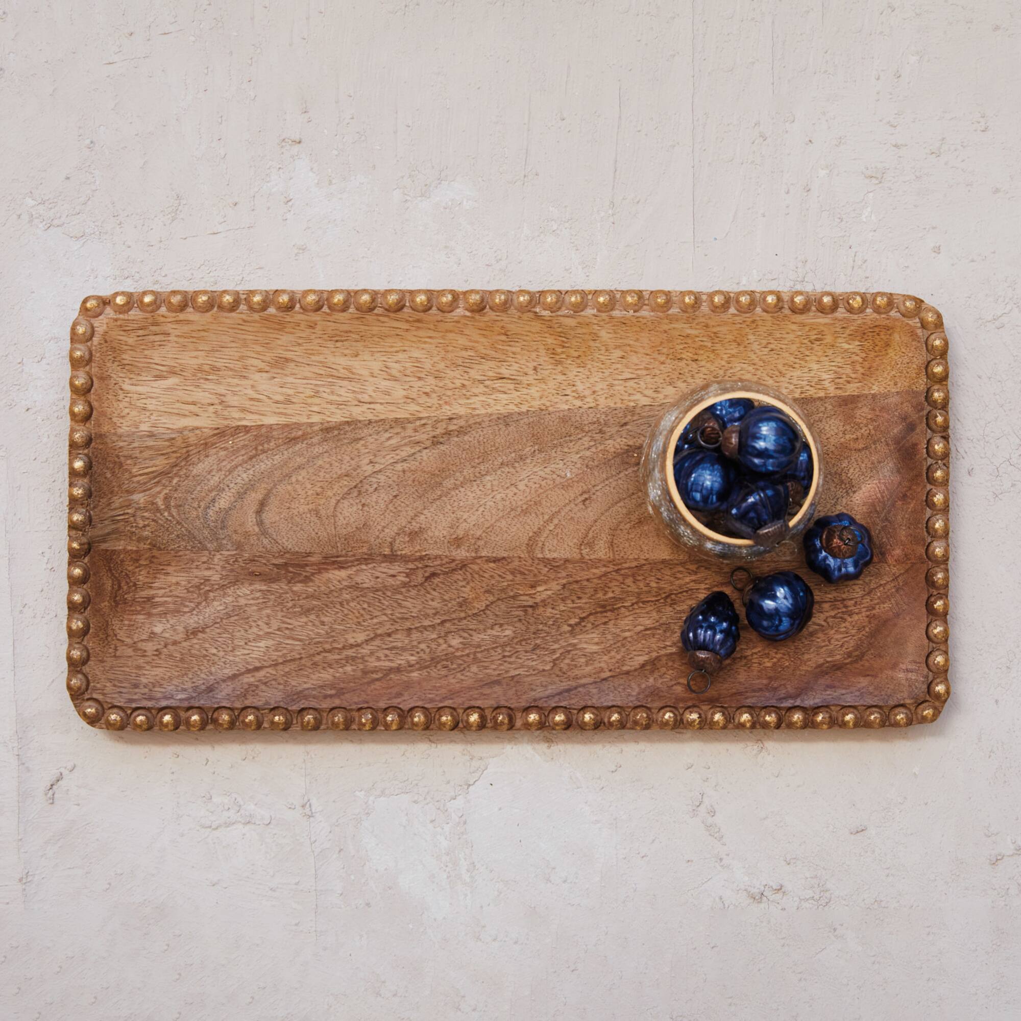 Hello Honey® 16" Natural & Gold Finish Carved Mango Wood Tray with Wood Beads